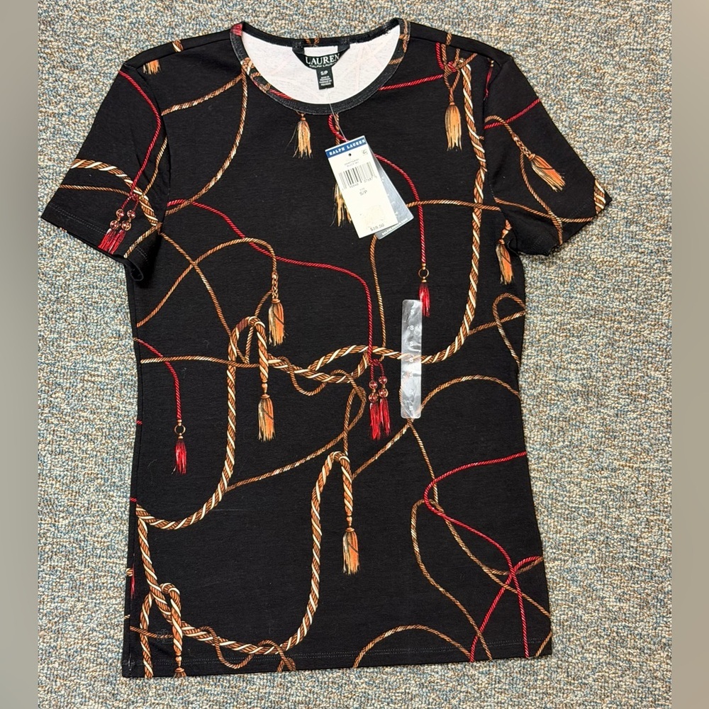 NWT Lauren Ralph Lauren Belting Print Tee | Equestrian Tassel Knit Top - Small - Picture 5 of 9